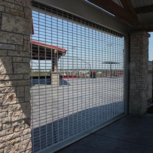 Close up of rolling security grille